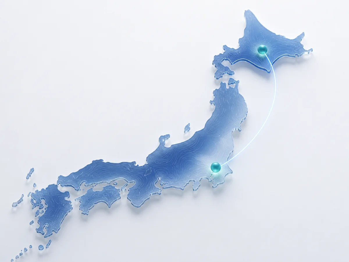 北海道（札幌）と東京の2拠点を光の線で結んだ日本地図のイメージ